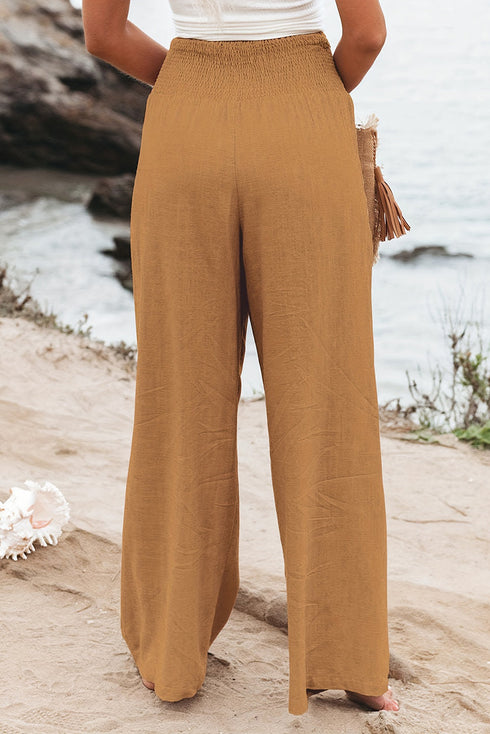 Smocked Wide Waistband High Waist Wide Leg Pants